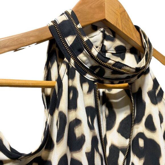 BEBE High Neck Cut Out Shoulder Flowy Leopard Print Blouse - Picture 3 of 5